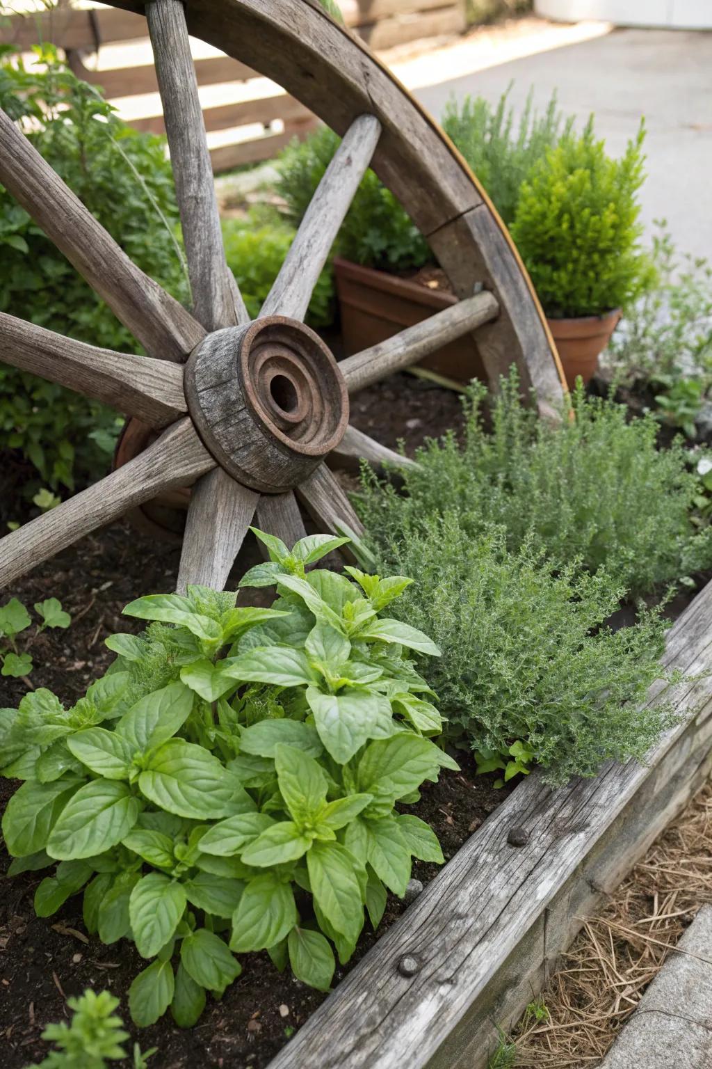 A carriage wheel streamlining a plant display, allowing straightforward access.