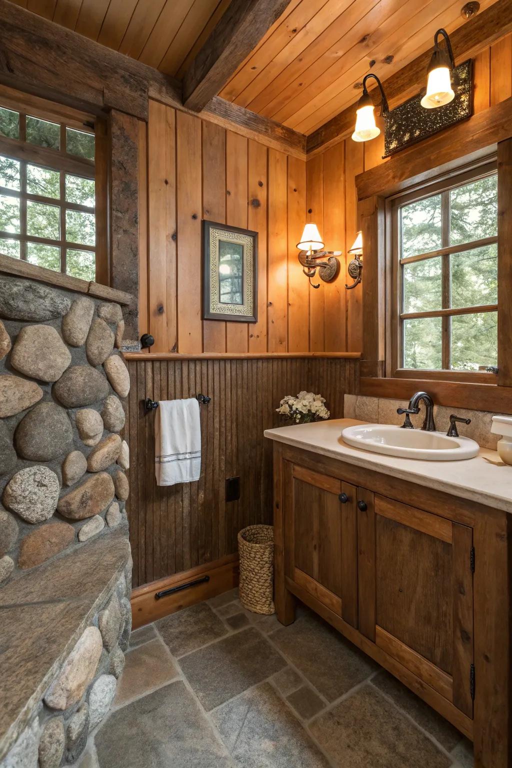 Wood wainscoting transforms your washroom into a rustic getaway.