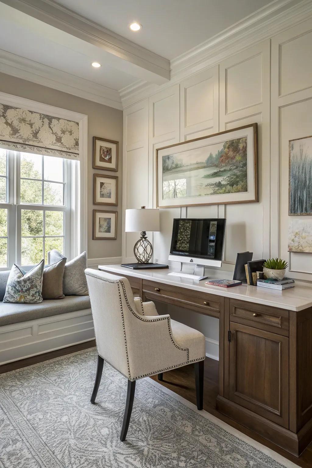 Bring depth to your home office using groove panel wainscoting.