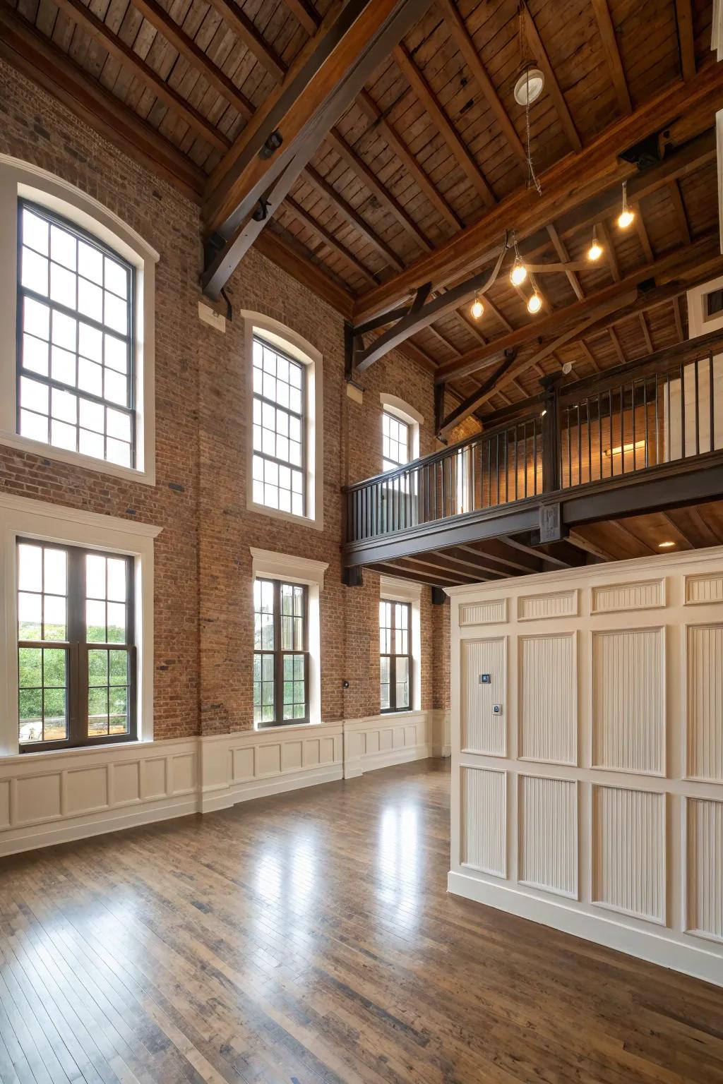 A penthouse area featuring lofty, refined wainscoting.
