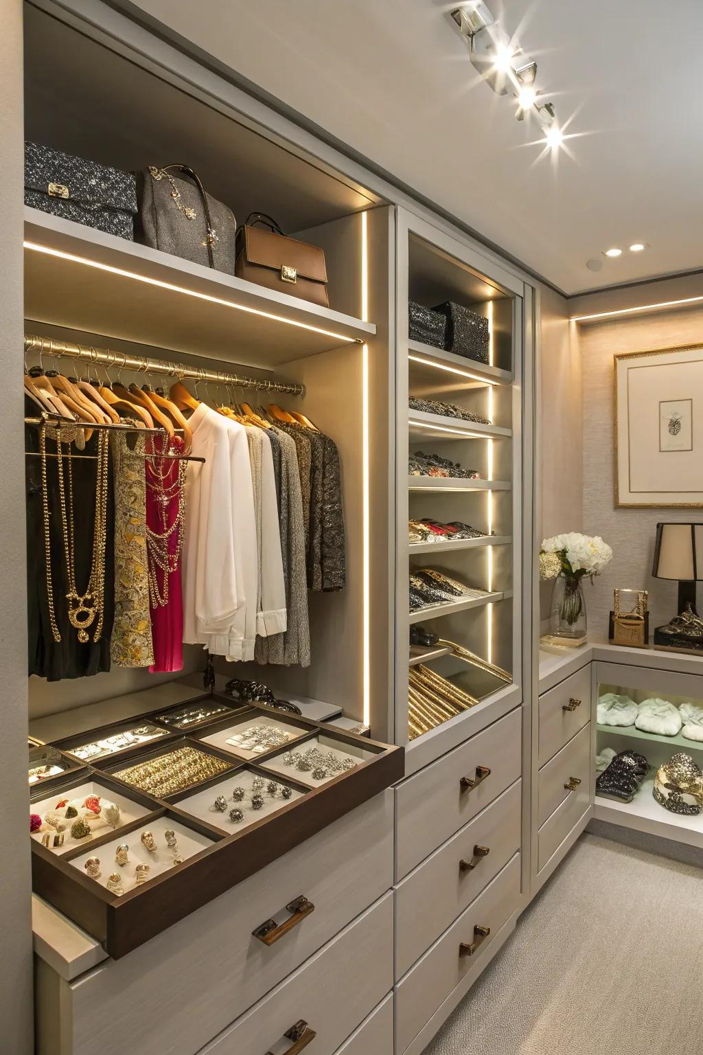 A personalized walk-in closet with a dedicated space for displaying jewelry.