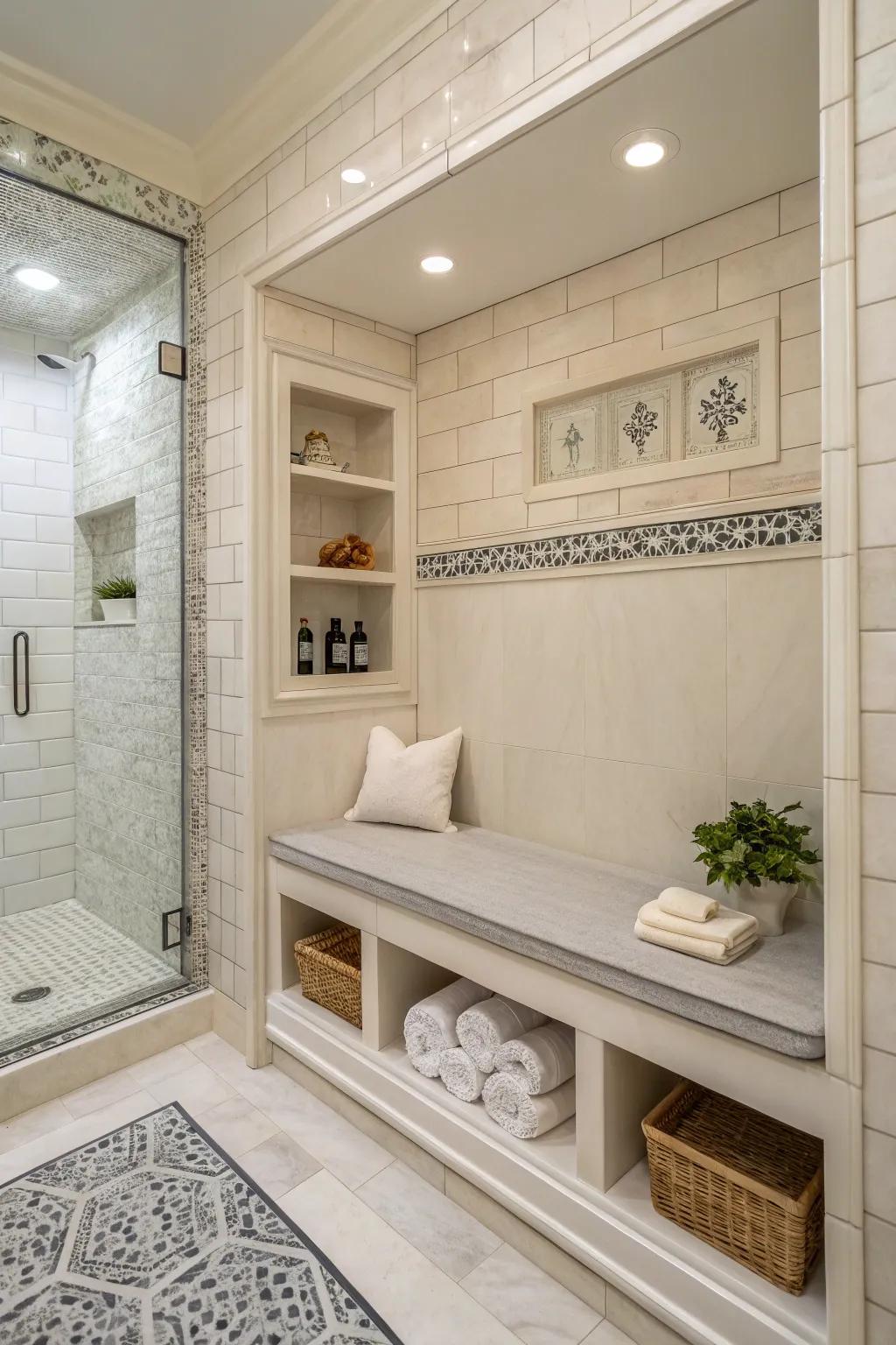 A bench with joined shelves offers both seating and storage in the shower.