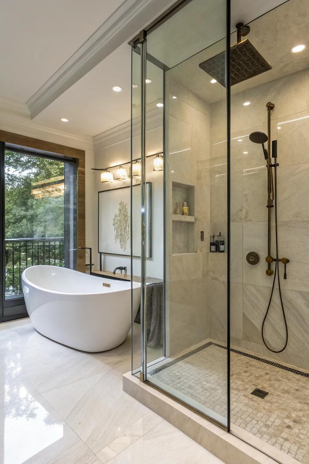 An opulent arrangement with a built-in bathtub within the walk-in shower.