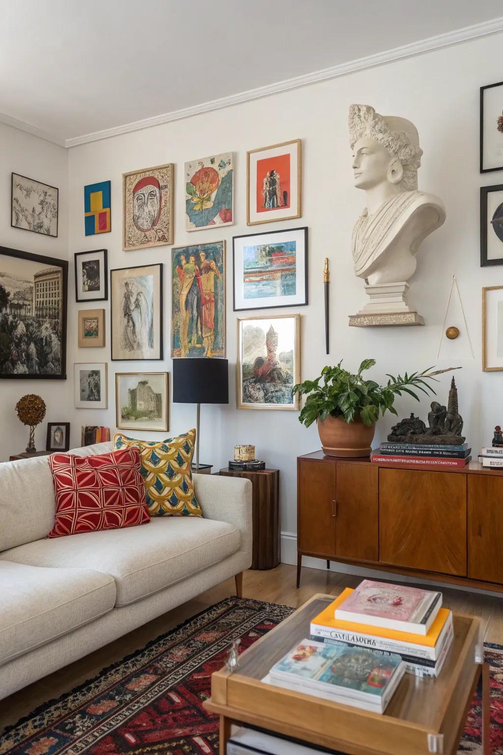 An eclectic collection of wall art styles in a living room setting.
