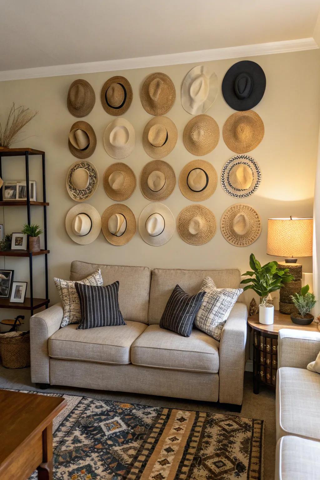 A uniform hat exhibit ensuring a structured aesthetic.