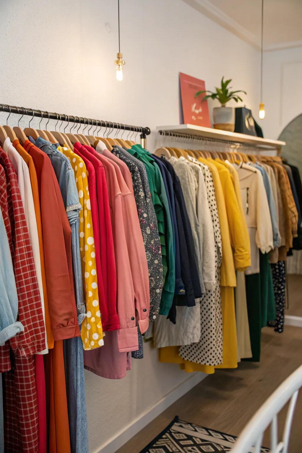 A wall-mounted clothing rack featuring a tidy and colorful display.