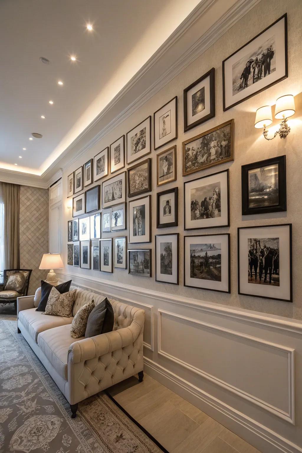 Timeless elegance with a black and white themed wall.