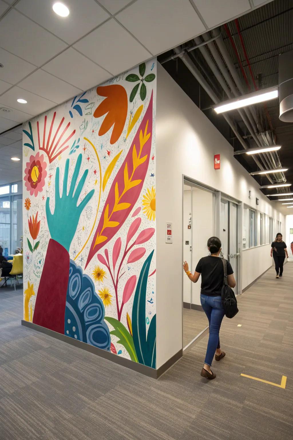 An abstract wall design enhancing inventive thinking in an office setting.
