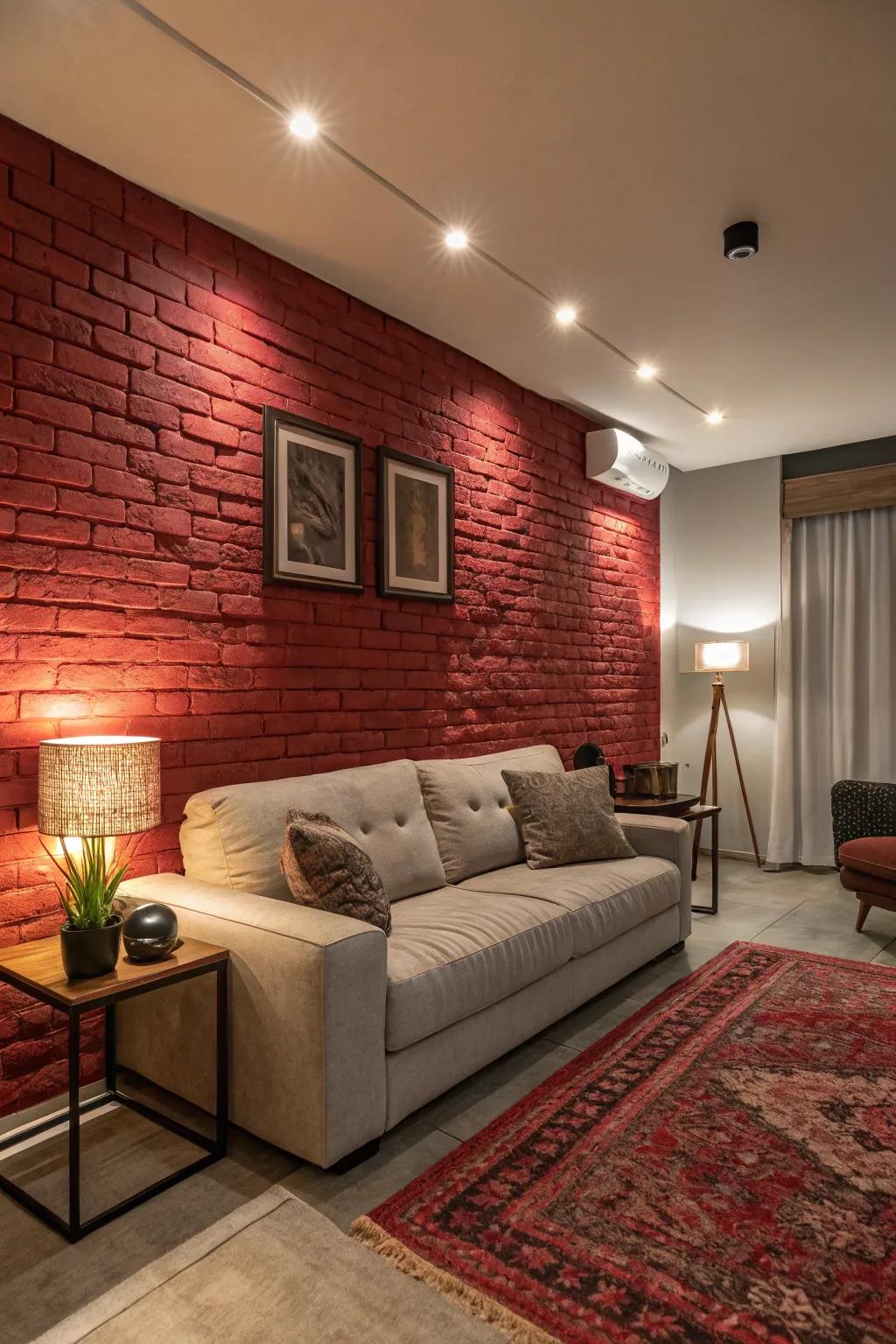 Imitation brick walls offer city charm with easy setup.