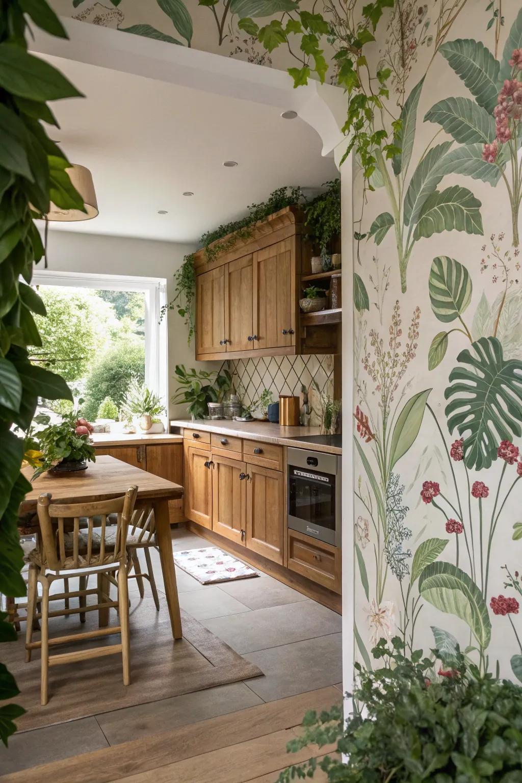Nature-inspired wallpaper introduces a refreshing touch to kitchens.