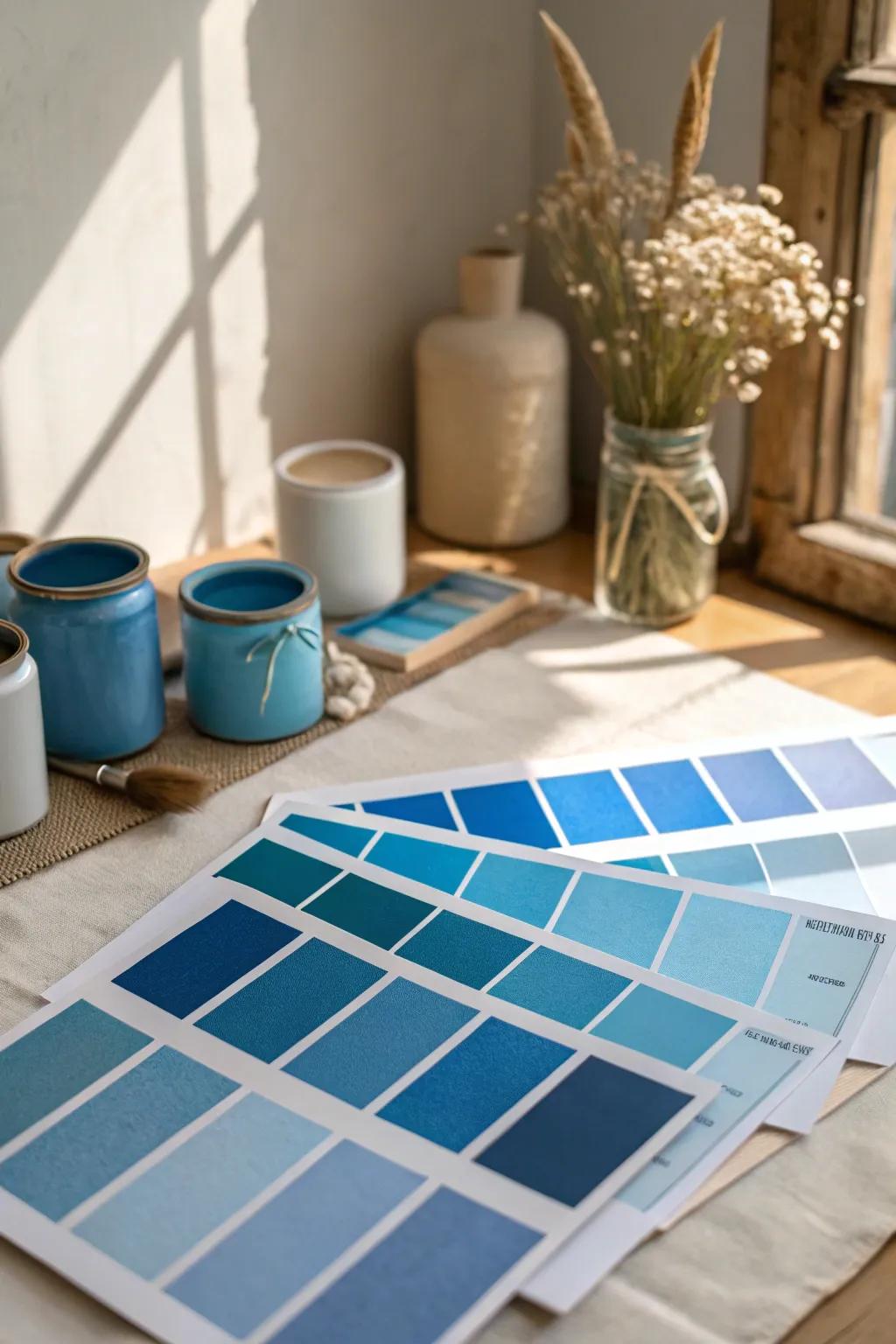 Test various paint swatches to discover your ideal warm blue shade.