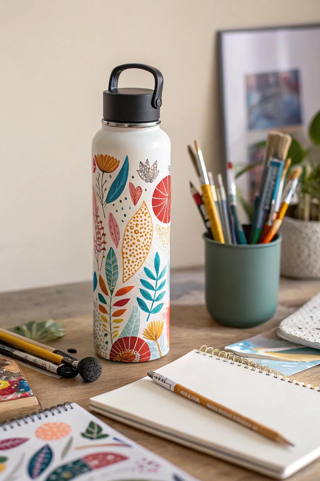 A hydration container adorned with vibrant, abstract collage art.