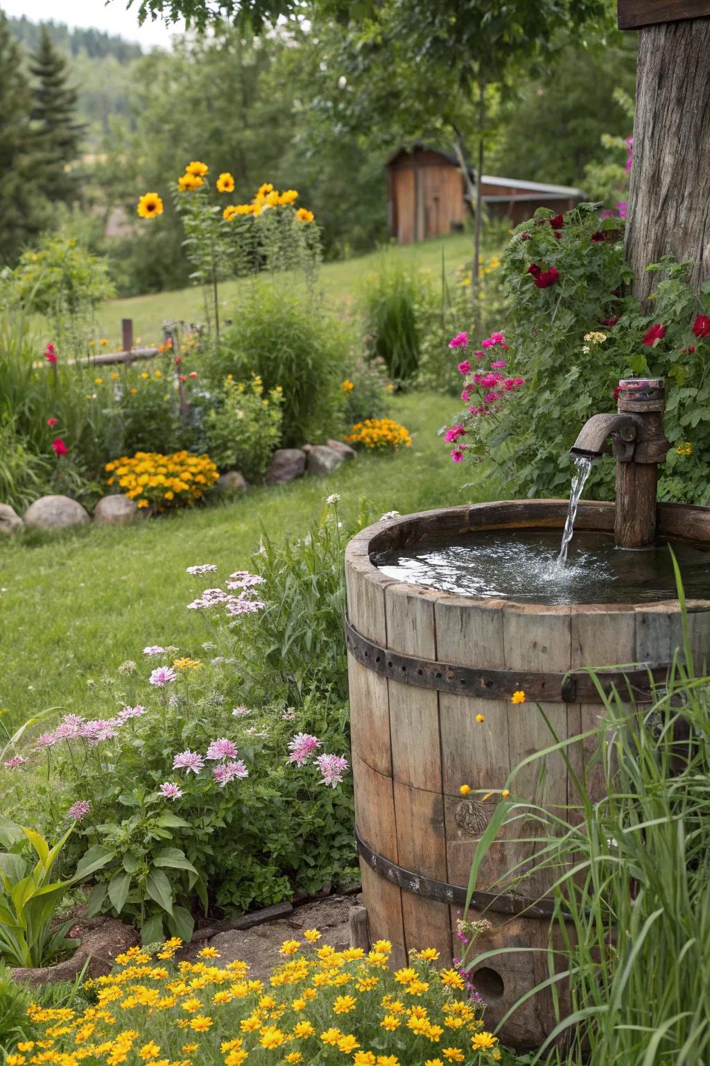 Homespun vessel fountains enhance gardens with a charming touch.