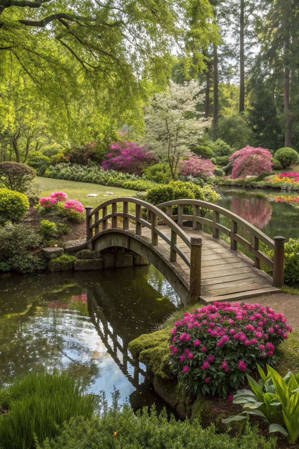 A timber bridge adds appeal to any water garden.