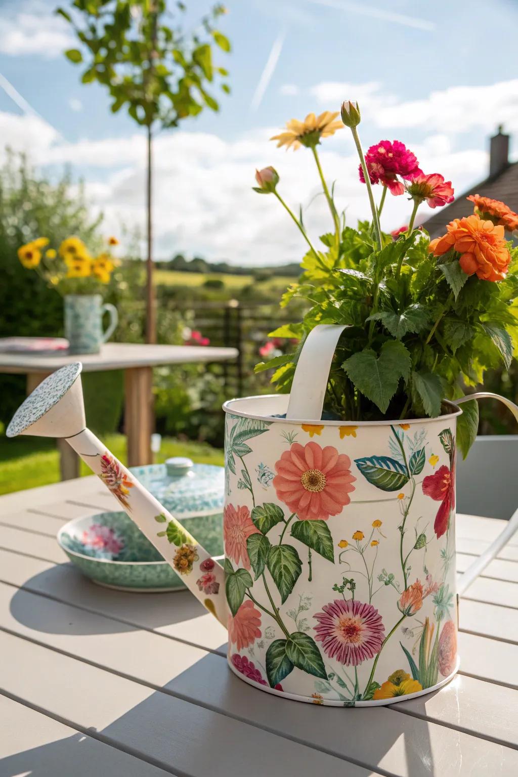 A watering can embellished with floral paper cutout motifs.