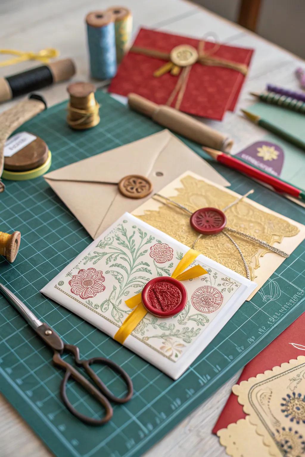 Handmade cards featuring wax seals, adding elegance to your heartfelt artwork.
