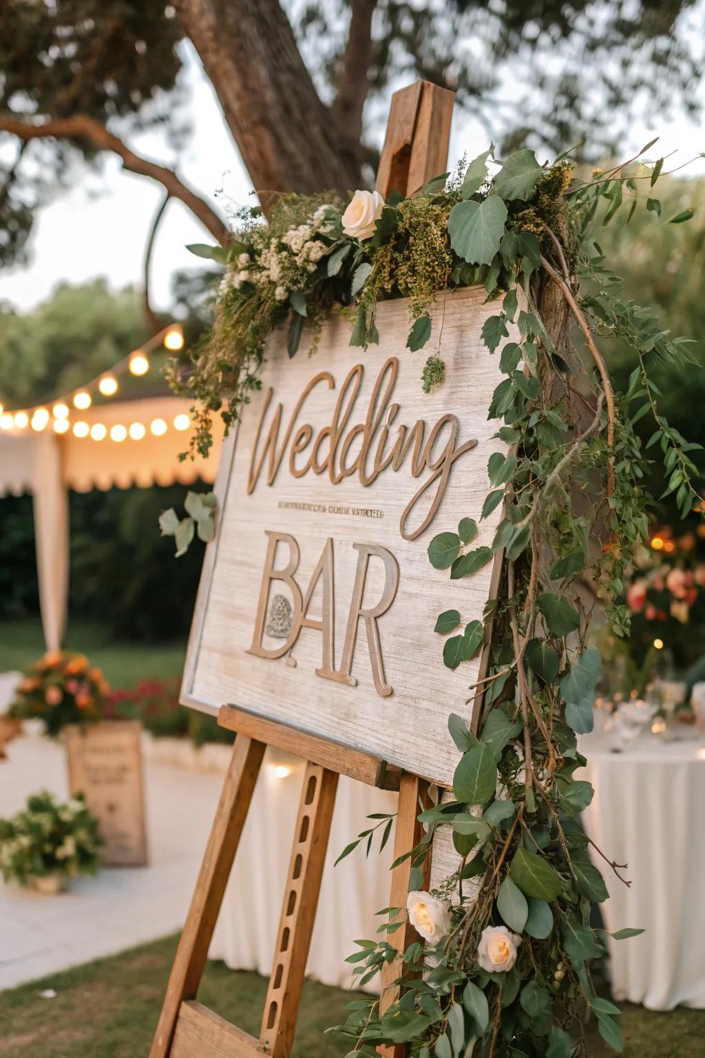 A bar sign featuring nature-inspired designs for an outdoor wedding.