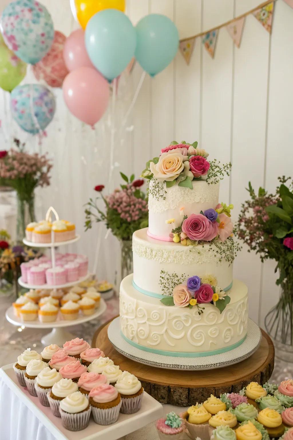 A wedding cake enriched by an assortment of cupcakes.
