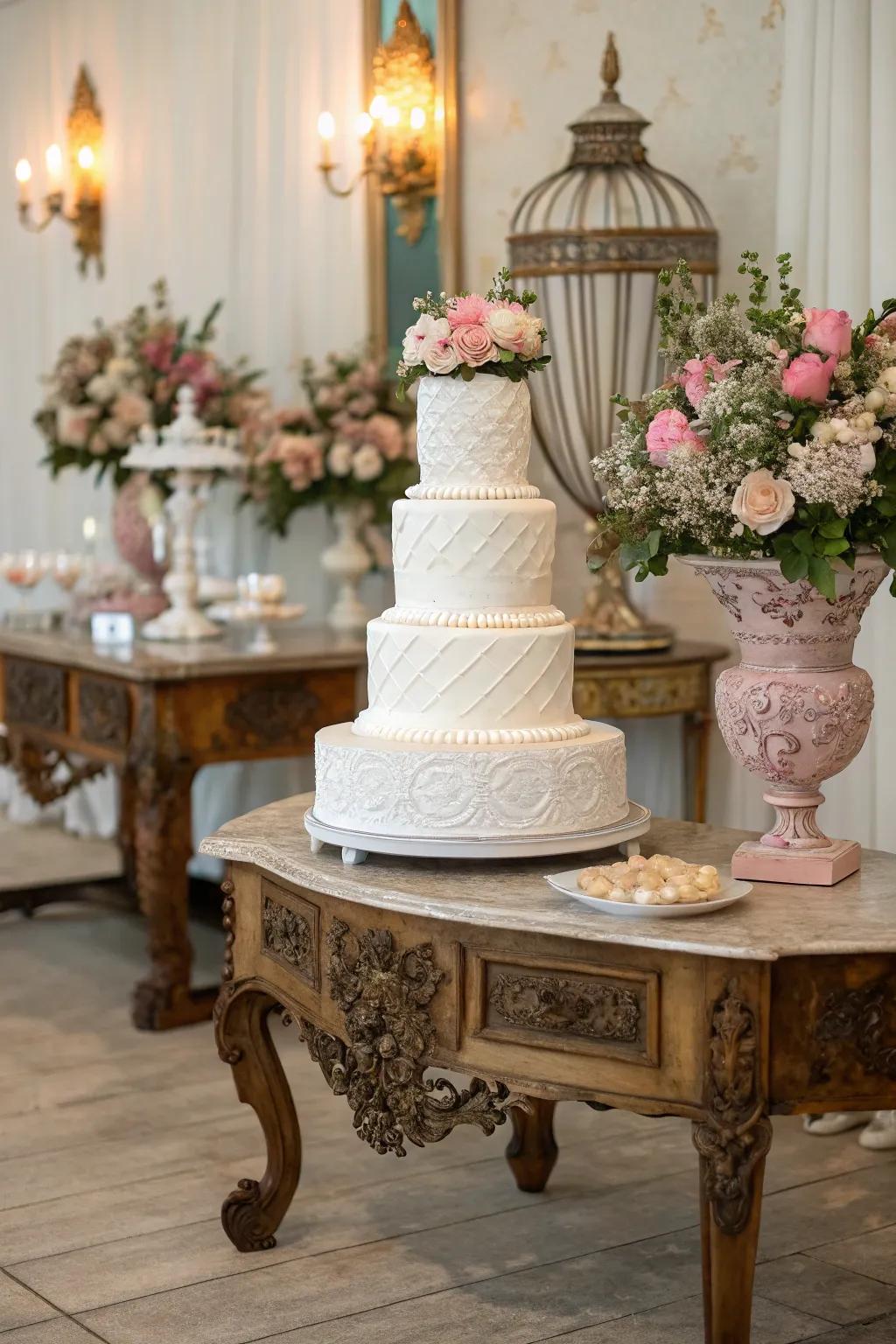 Classic furnishing lends a nostalgic grace to the cake display.