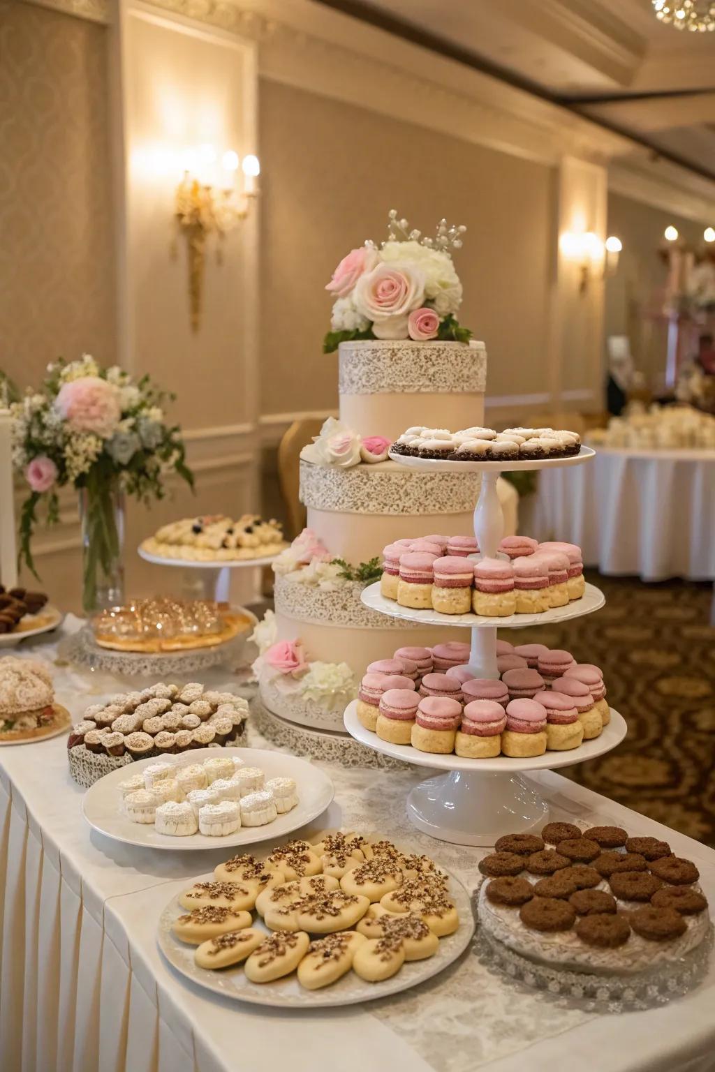 A wedding cookie station with varied statures for an engaging visual.