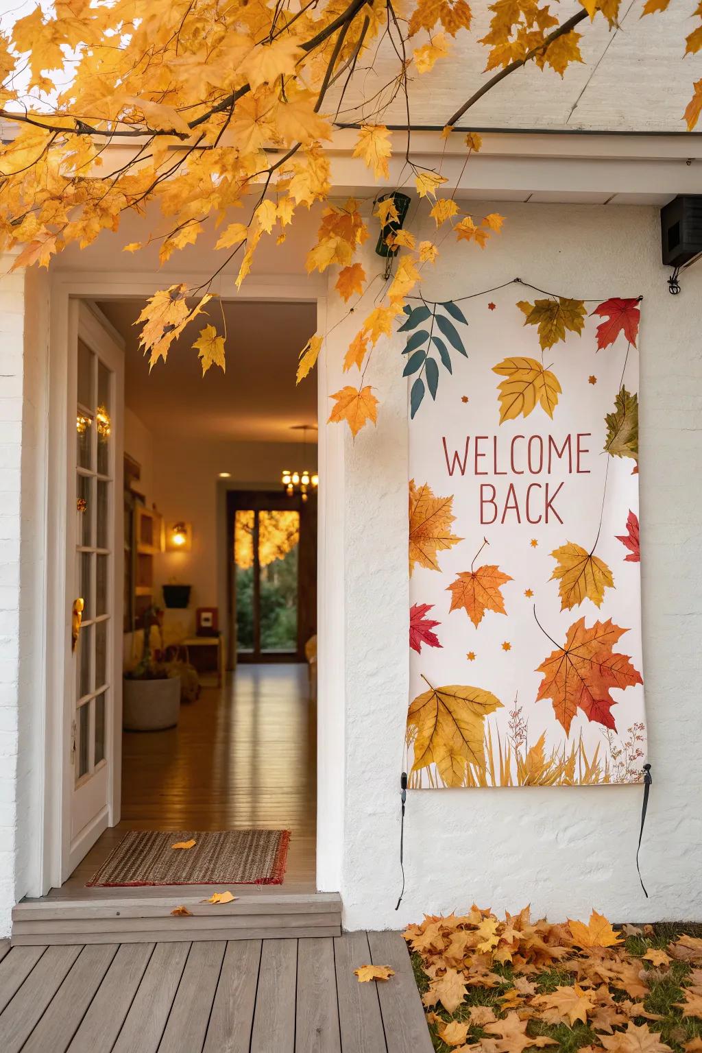 A seasonal autumn-themed poster welcomes guests in the entryway.