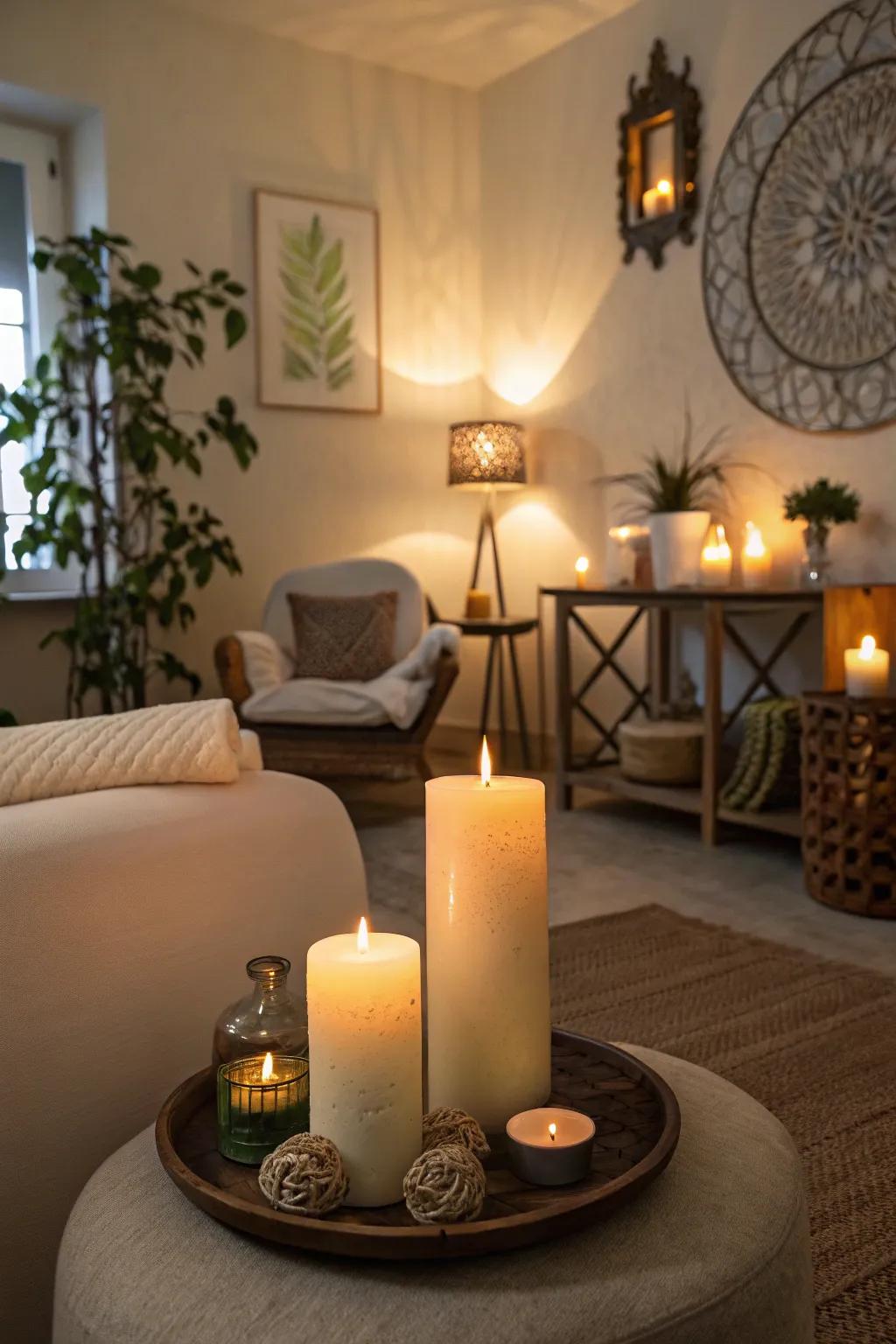 Scented candles set the tone for a warm homecoming.