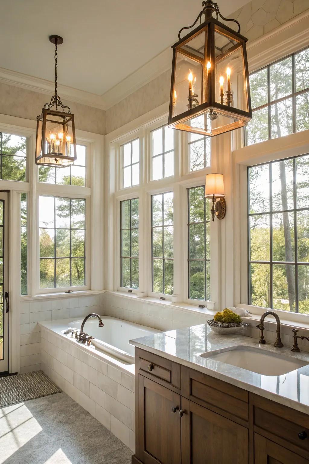 A cozy atmosphere is created by lanterns and natural light.