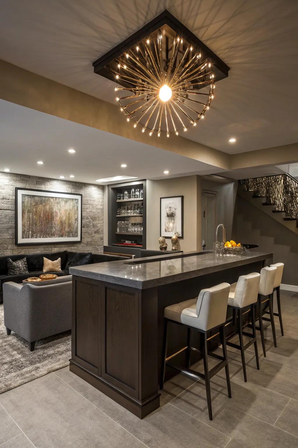 Transform your wet bar into an elegant and inviting space with statement lighting.