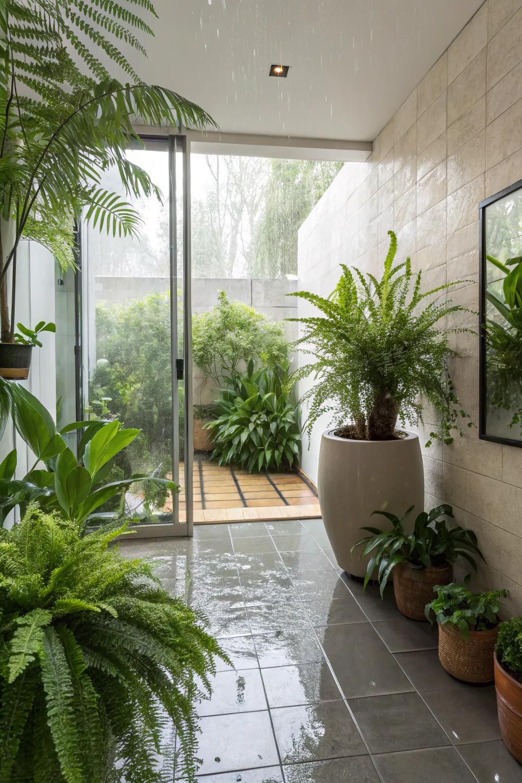 Greenery brings vibrancy and tranquility to the wet room.