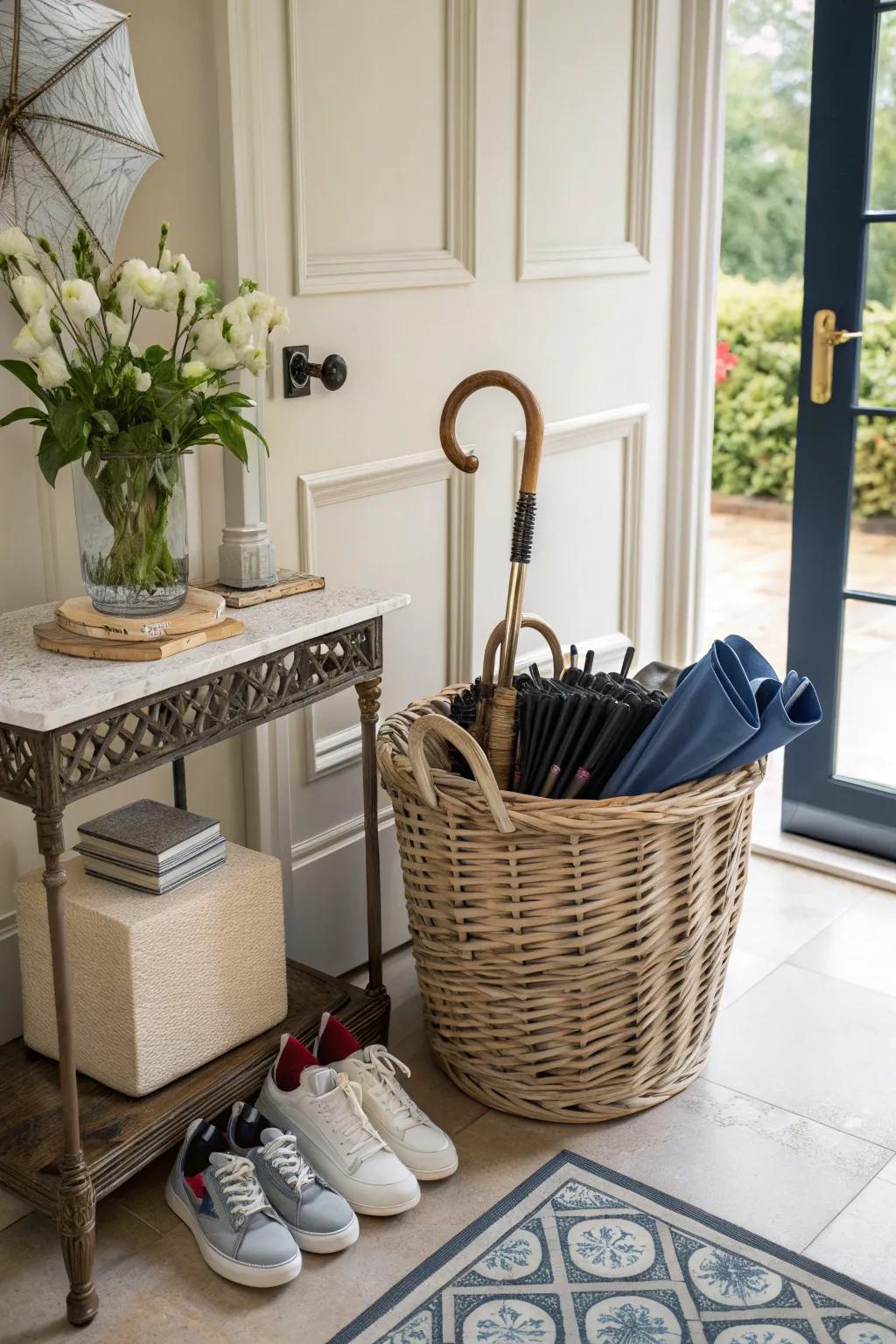 A container maintains entrance hall necessities organized and easily accessible.