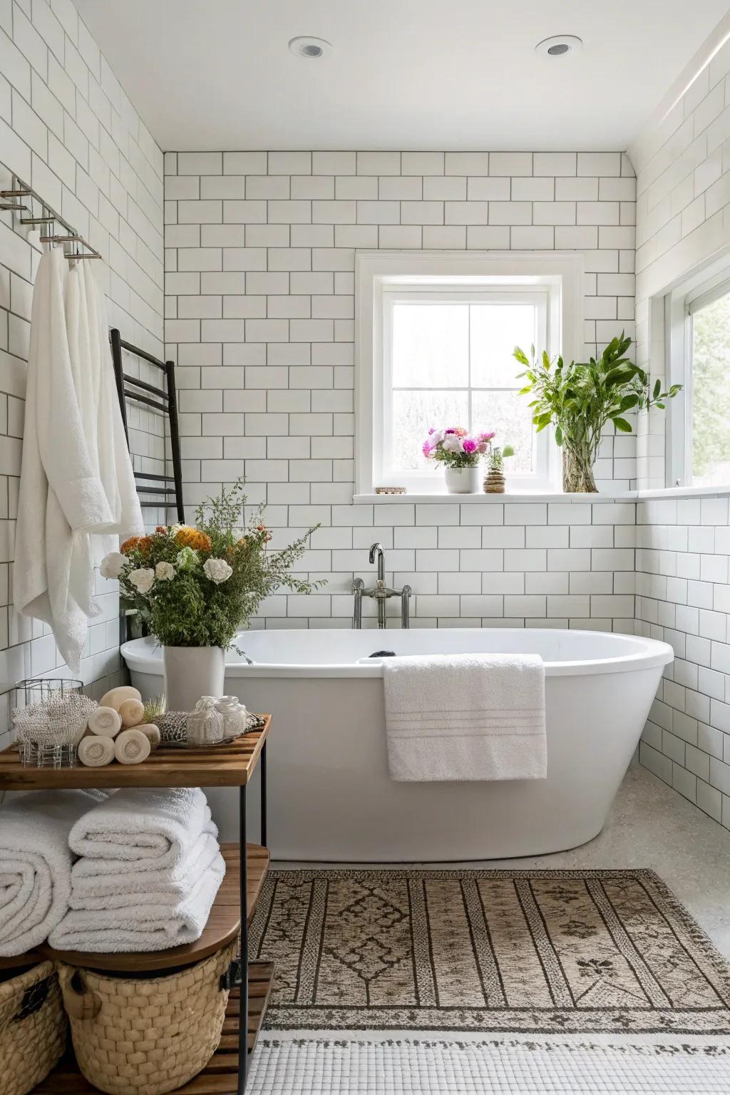 A freestanding tub adds luxury to a white-tiled bathroom.