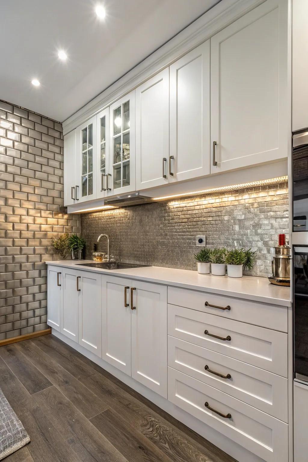 Radiant fixtures granting a cutting-edge aesthetic to pure cabinets.