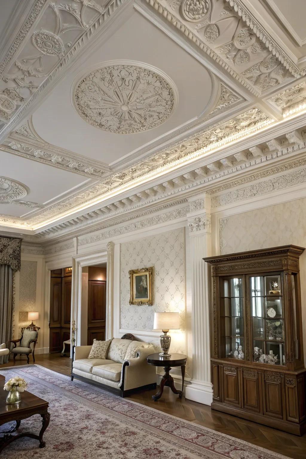 An exquisite room in which a white ceiling underscores beautiful architectural features.