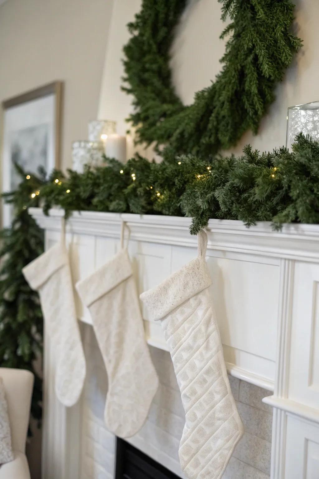 Stockings and wreaths harmonizing with the snowy theme.