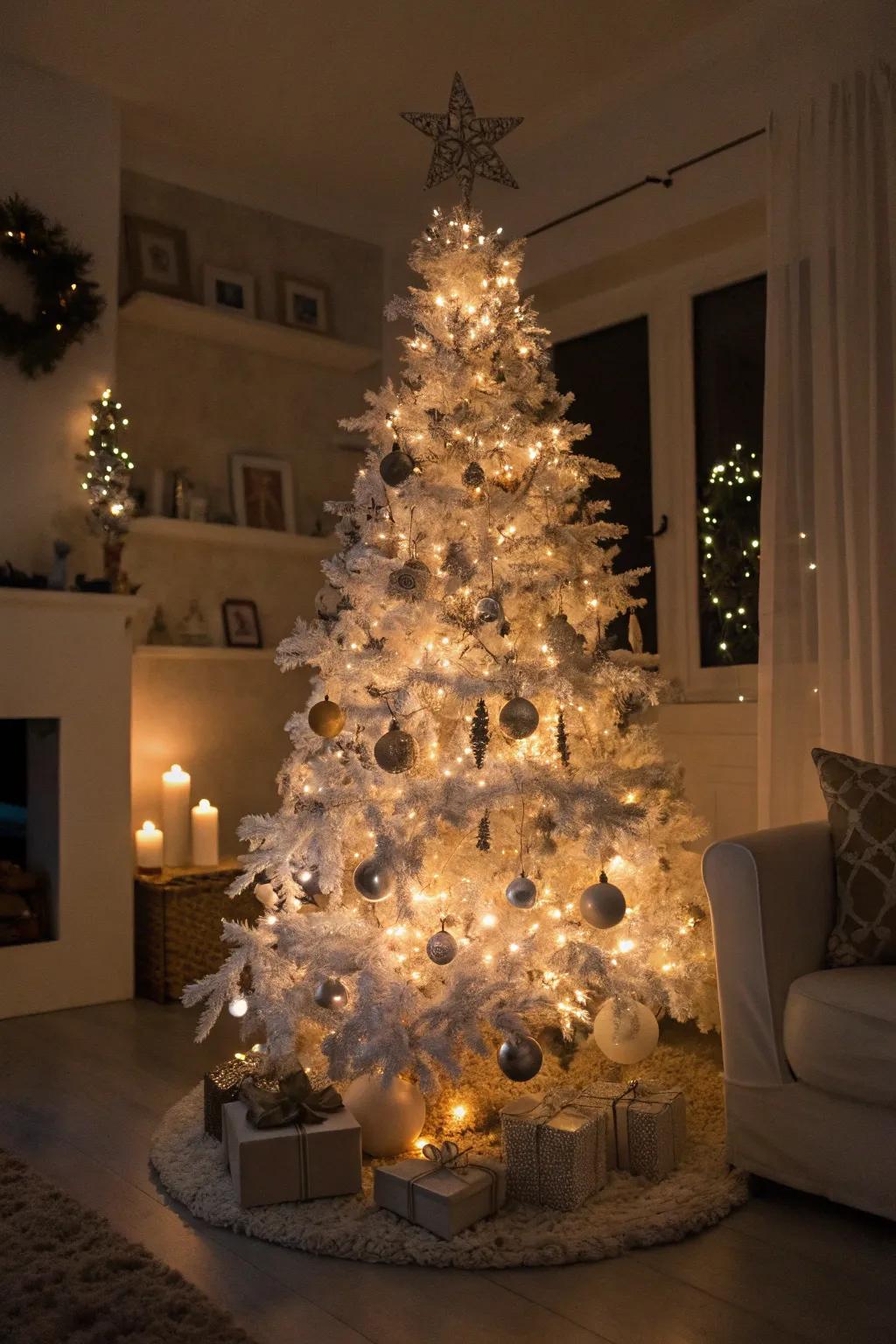 Glimmer and sparkle via glittery adornments on a white tree.