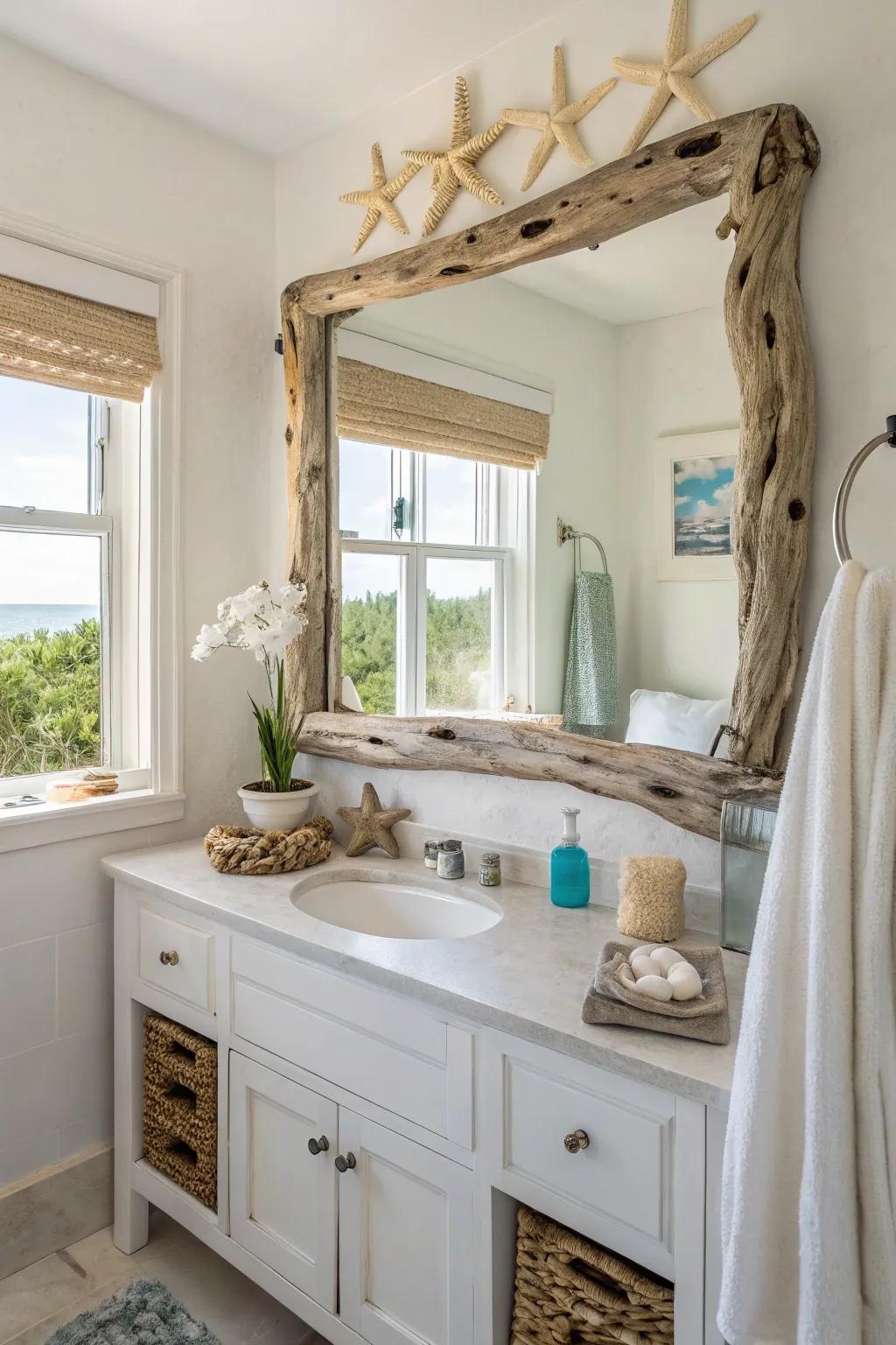 Decorative mirrors amplify the coastal aesthetic.