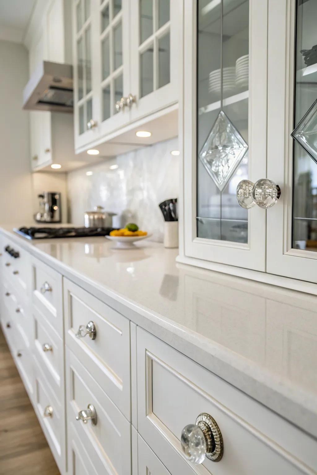 Elegant crystal spheres adding sparkle to an ivory kitchen.