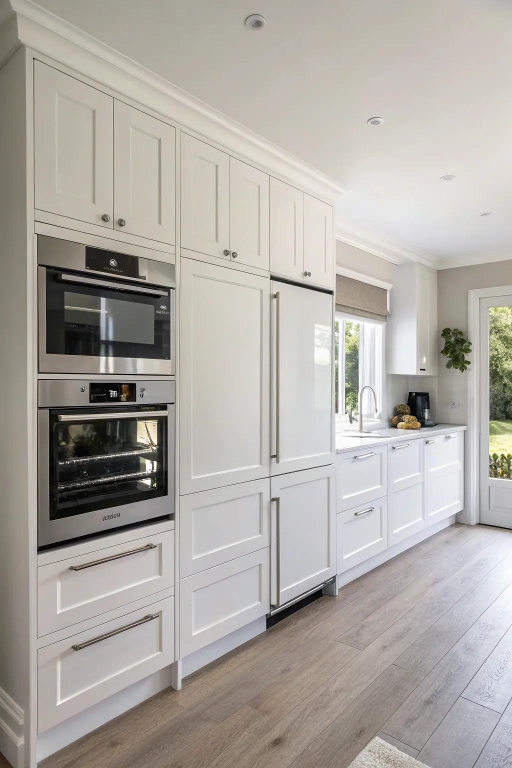 Advanced gadgets merge naturally into the white kitchen design.