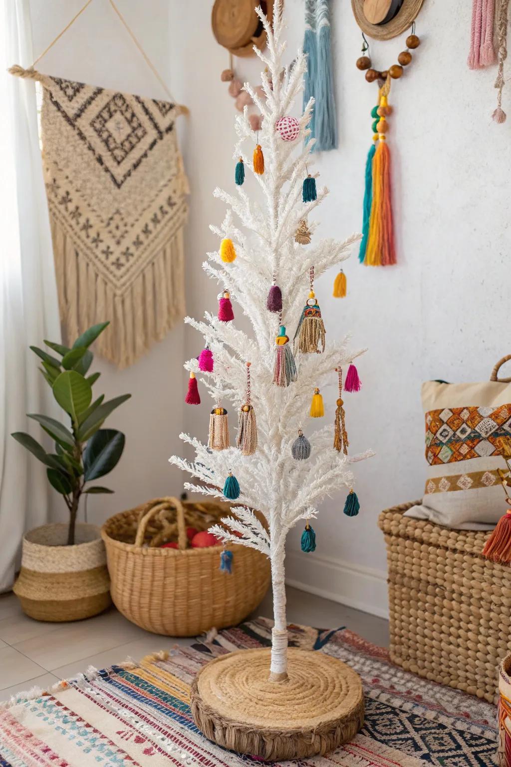 A boho flair white pencil tree adorned with fiber art and pendants.