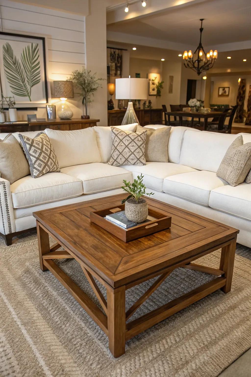 A timber centerpiece table adds charm to a living room featuring a white sectional.