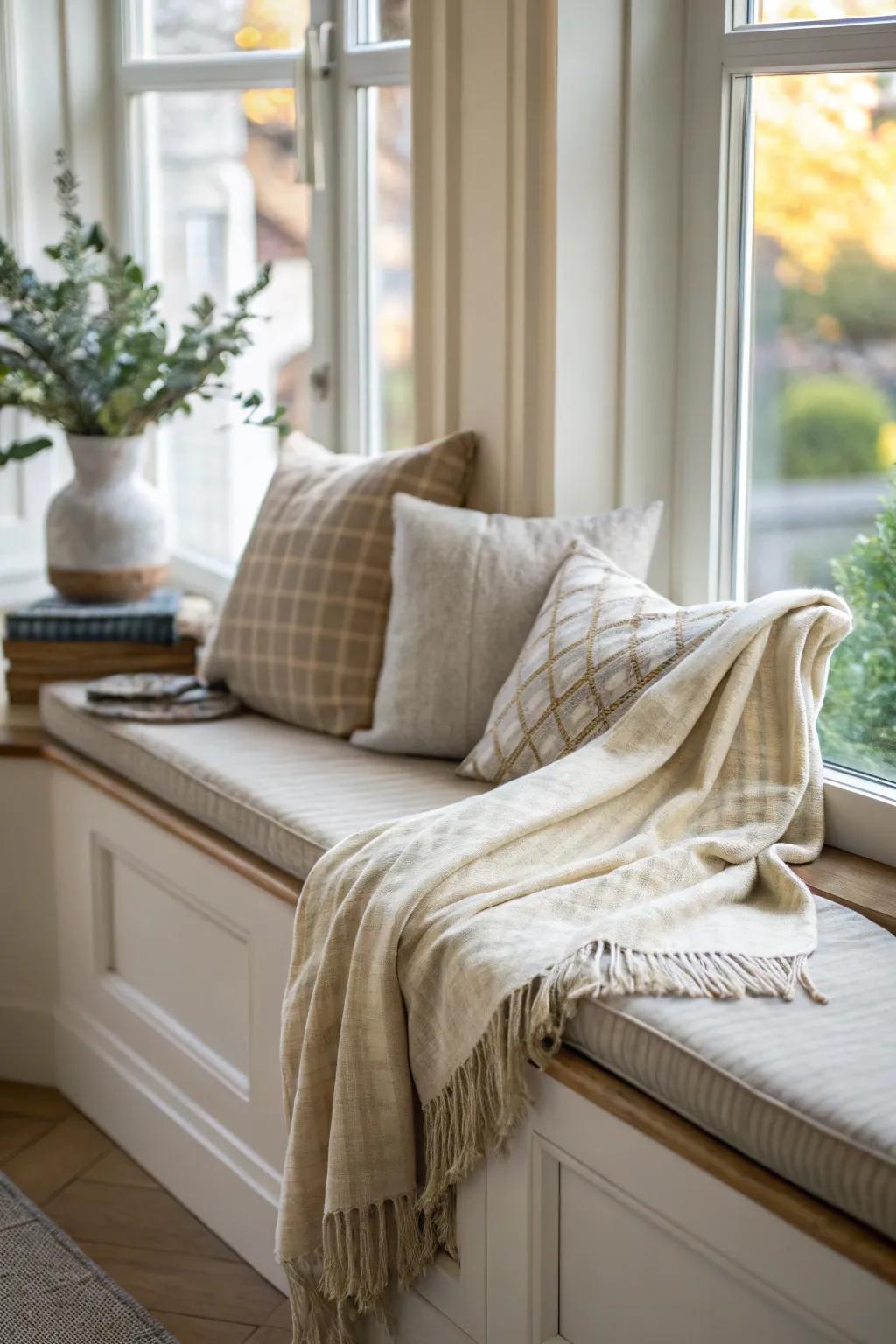 A window sill transformed into a welcoming and cozy seating area.
