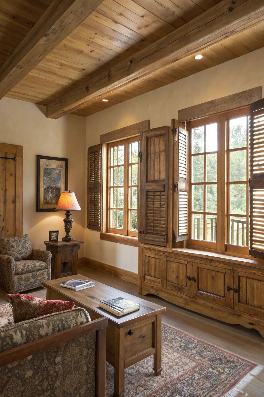 Timber shutters introduce a hint of cottage charm to casement windows.