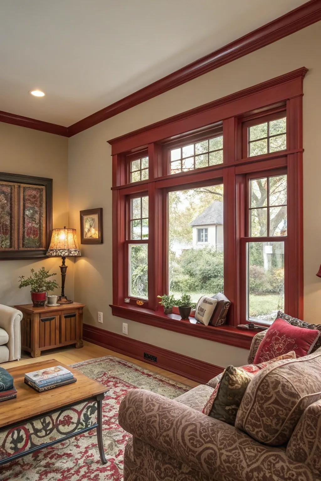 Intense scarlet trim makes a bold impression in a living room.