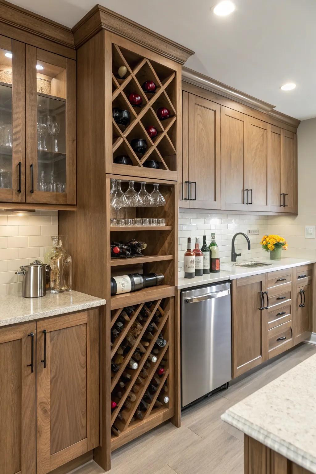 Built-in wine rack seamlessly integrated into kitchen cabinetry.
