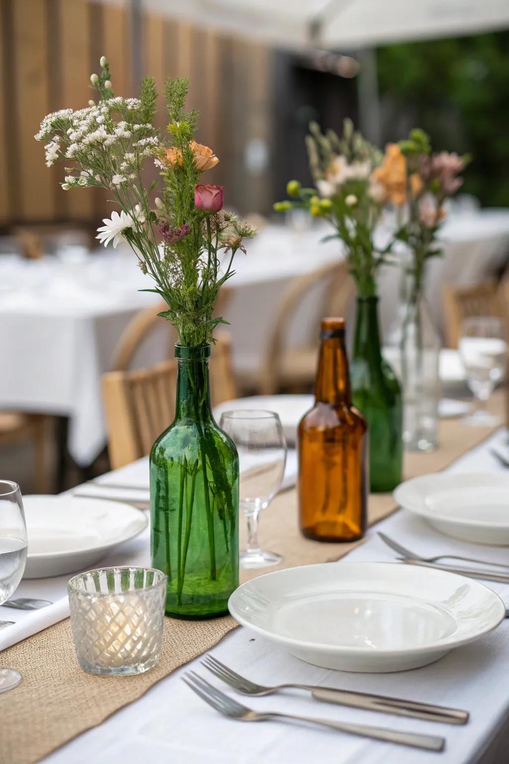 Tinted glass bottles contribute striking visual interest to your table.