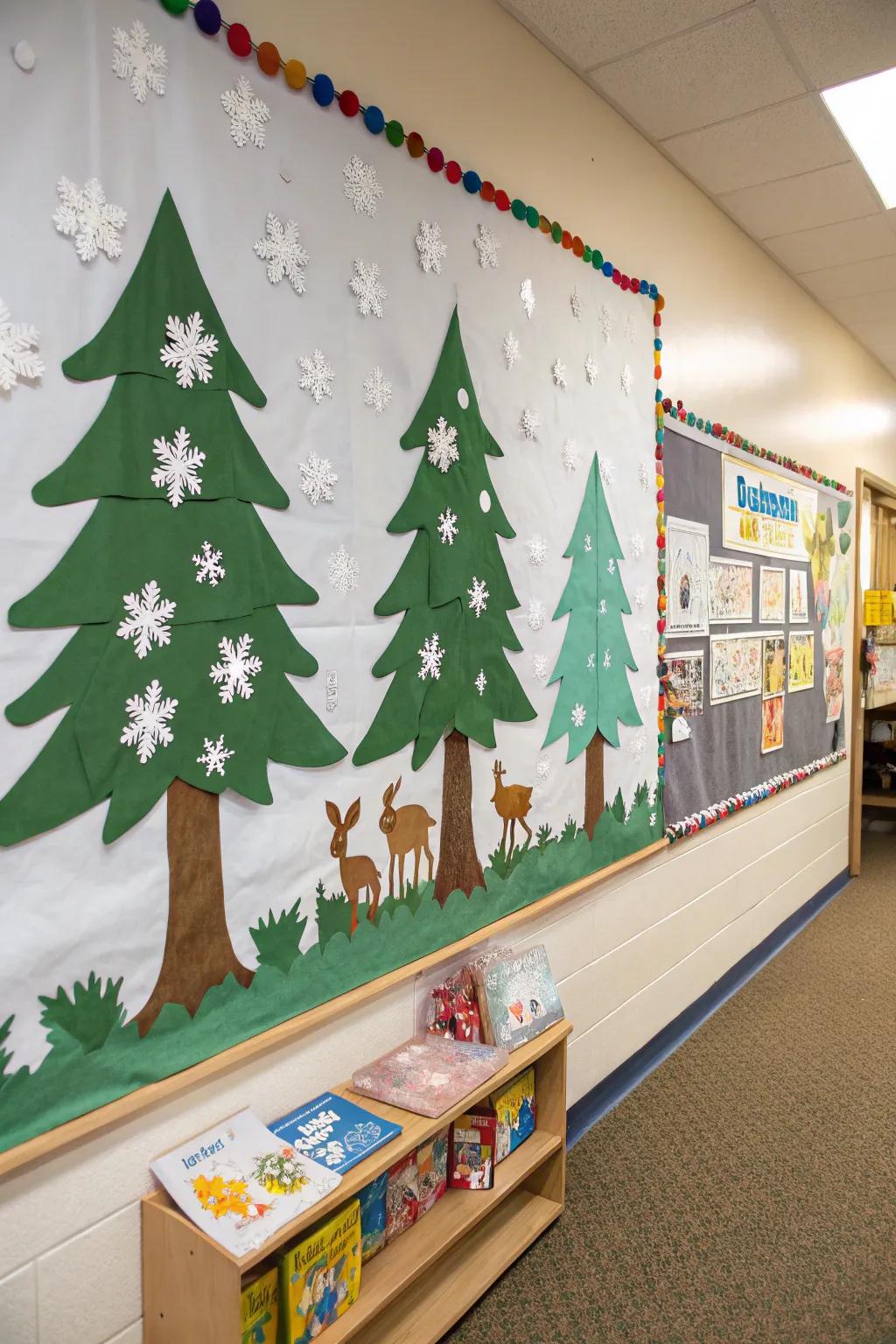 A winter forest entices imaginative explorations on the bulletin board.