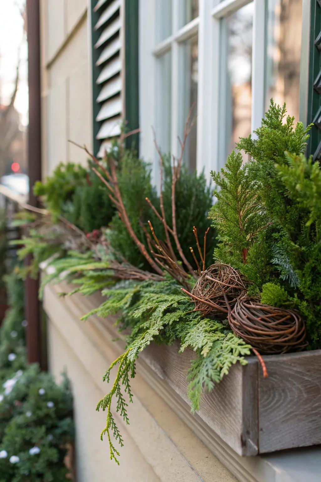 Natural twigs add structure and height to this winter window box.