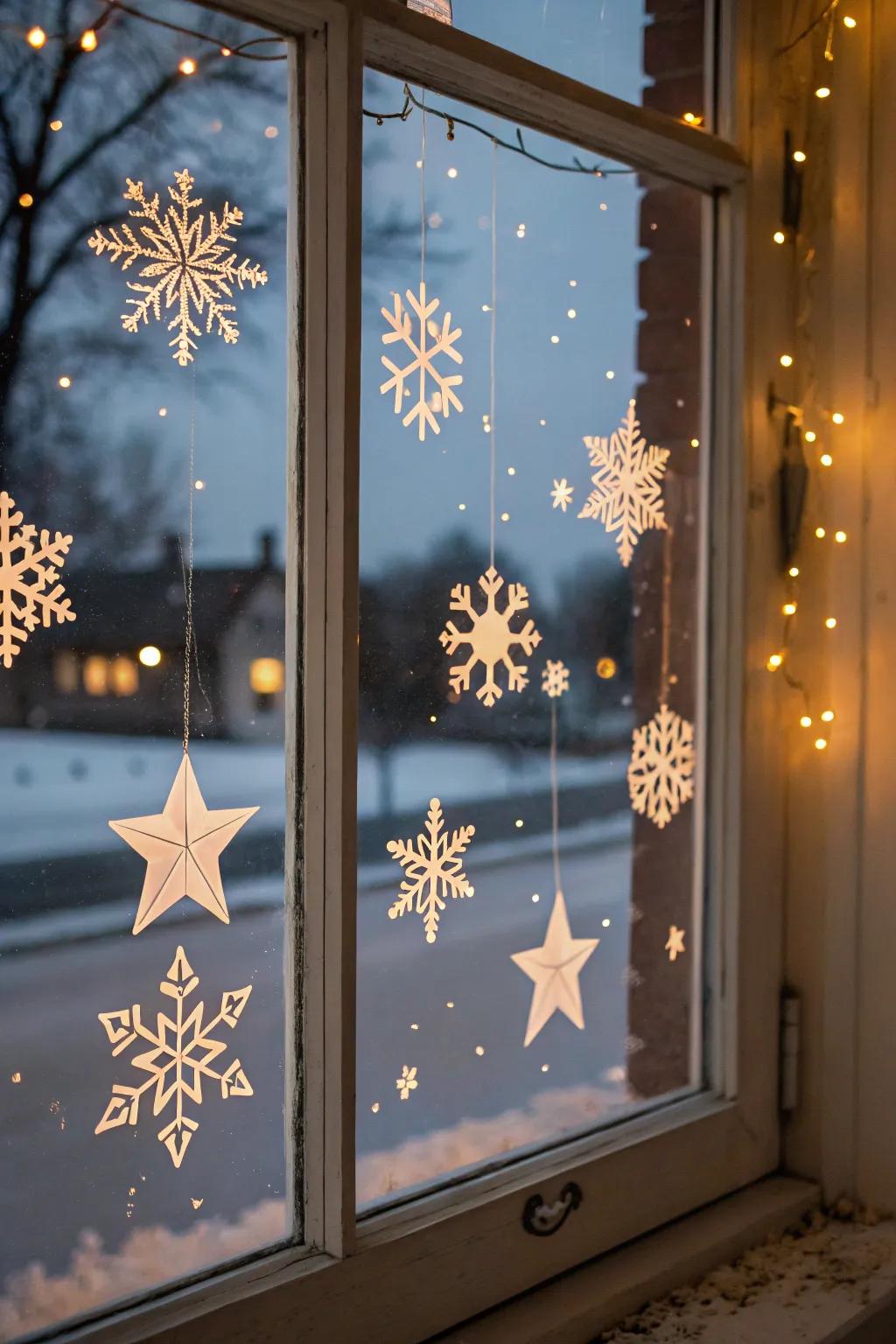 Delicate snowflakes and stars create a serene winter atmosphere.