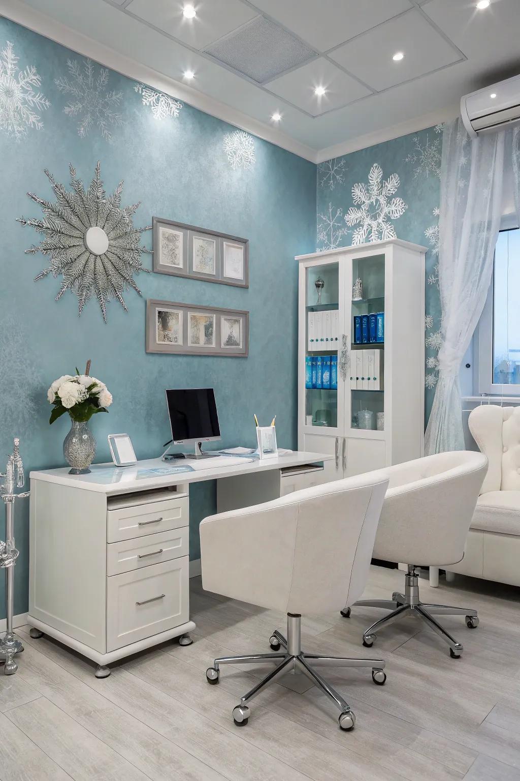 Icy azure and argent fashion an invigorative winter palette for your office.