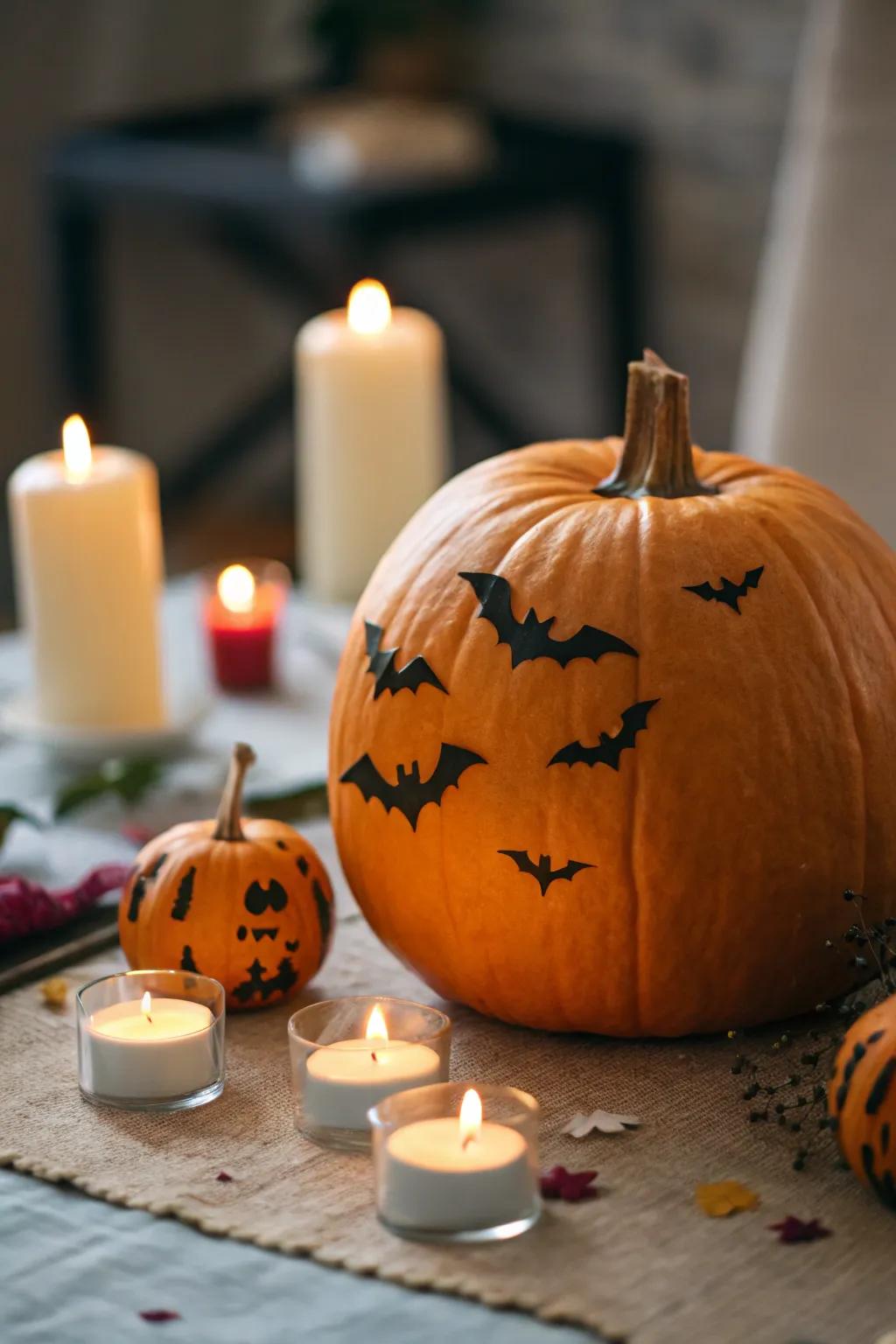 Gourd presenting whimsical chiroptera embellishments.